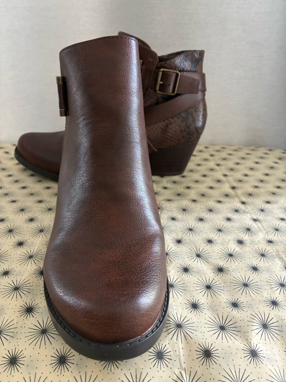 BareTraps Brown Leather Ankle Booties with Buckle and Textured Heel